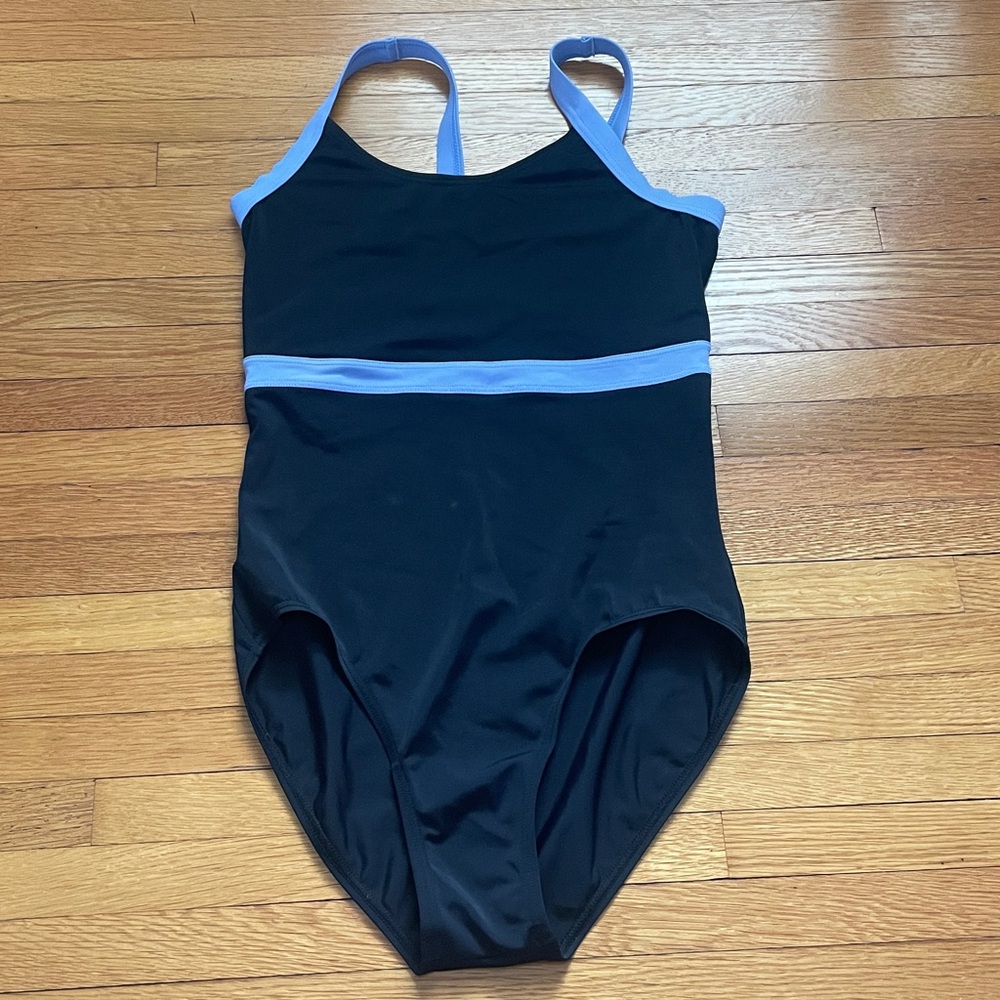 Girls Black Ballet Leotard with Light Blue Trim